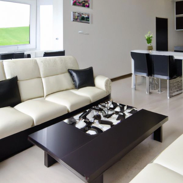 Vue salon et salle à manger décoration noir et blanc